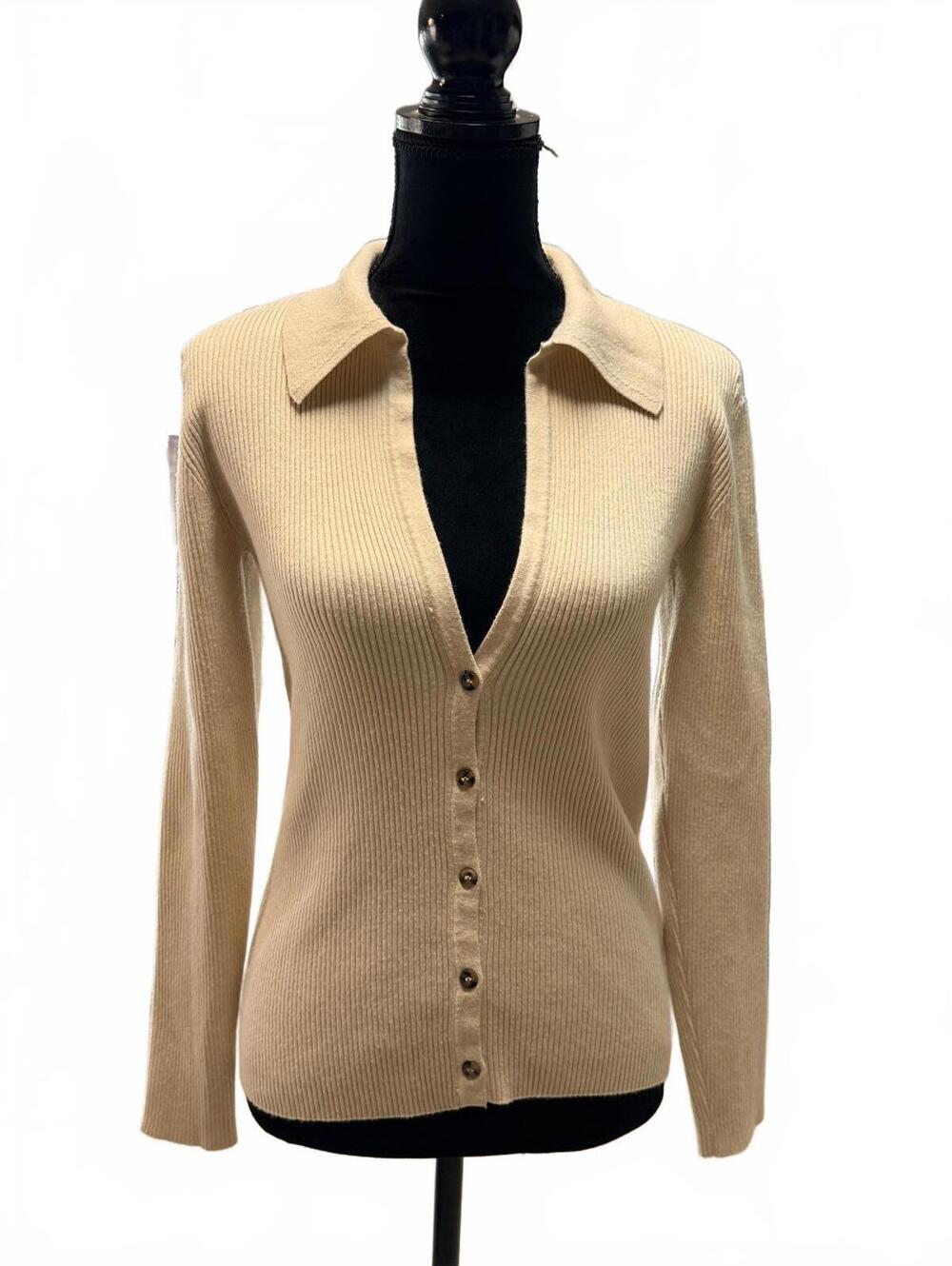Truth by Republic Beige Ribbed Cardigan Polo Collar Knit Sweater Neutral Tan M